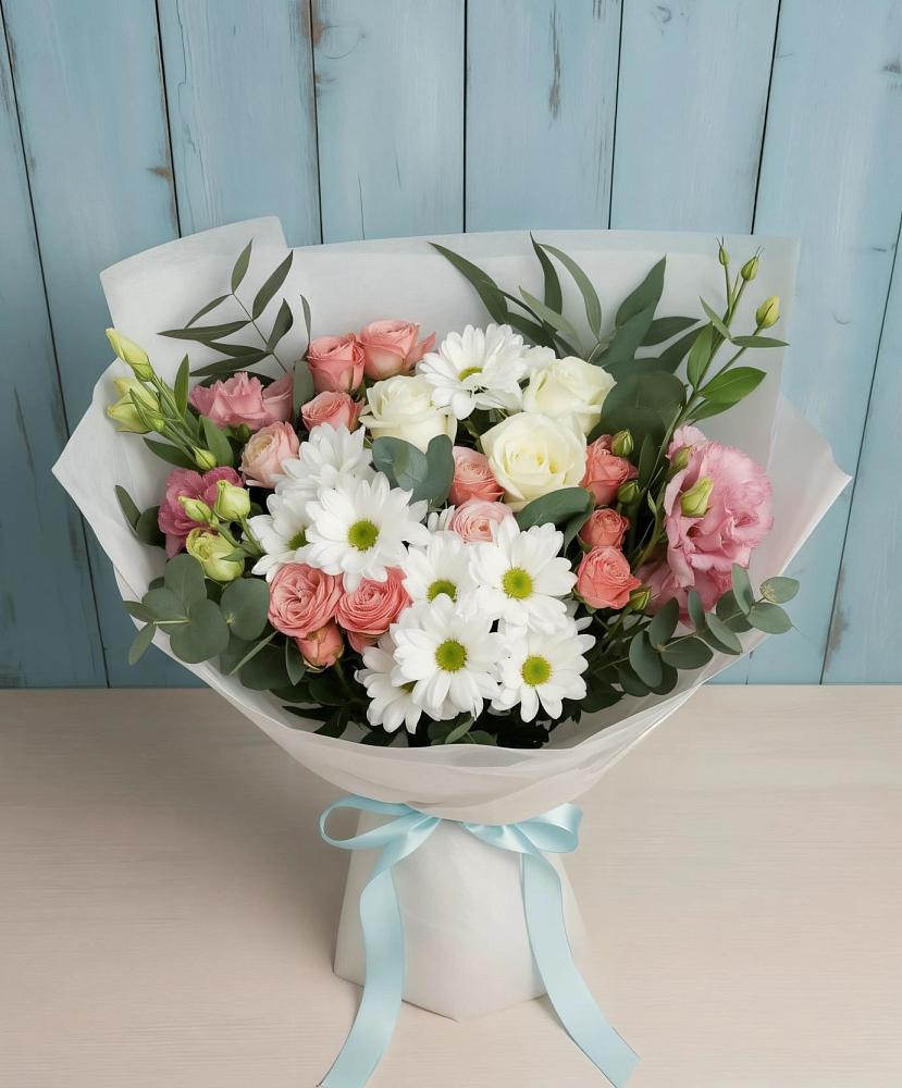 Букет цветов из: Розы, Лизиантусы и Хризантемы в Барково