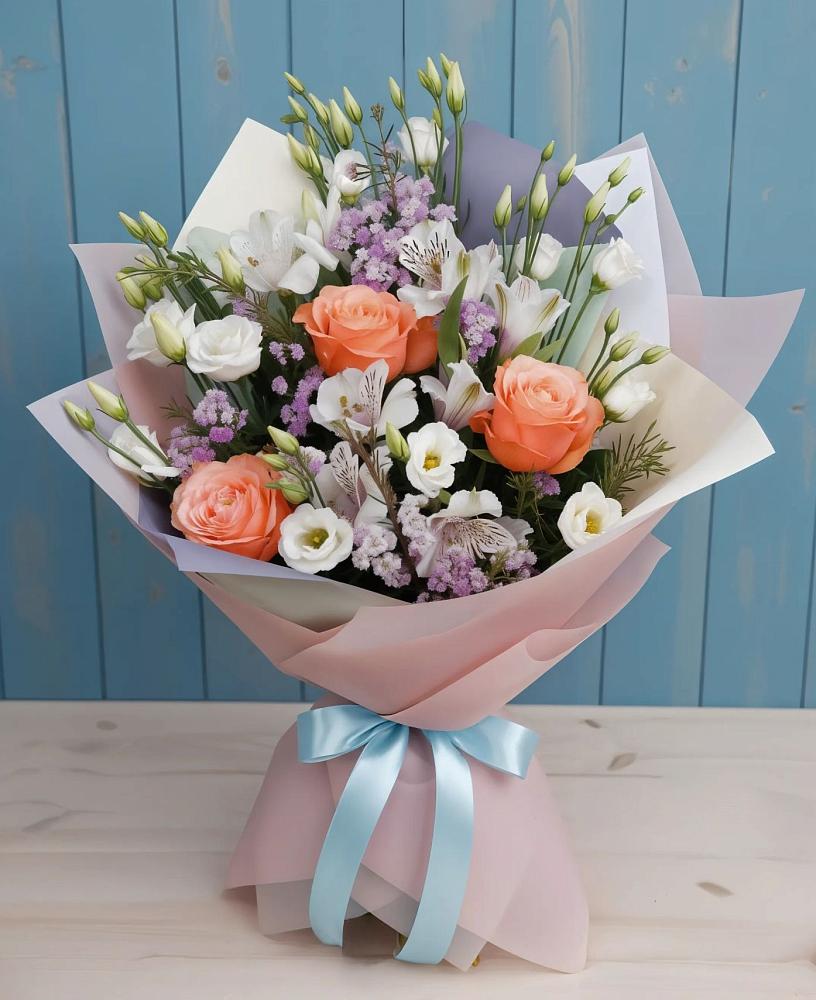 Букет цветов из: Лизиантусы, Розы, Альстромерии и Гипсофила в Барково