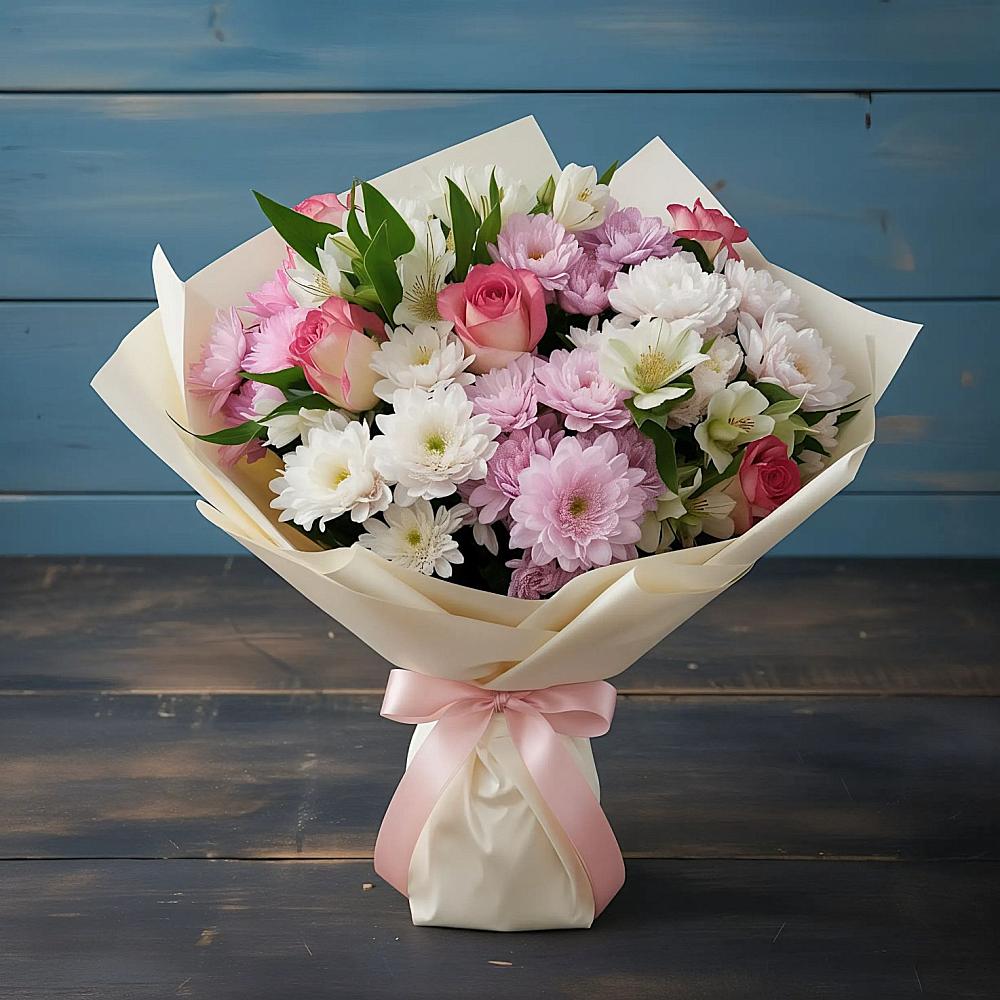 Букет цветов из: Хризантемы, Альстромерии и Розы в Барково